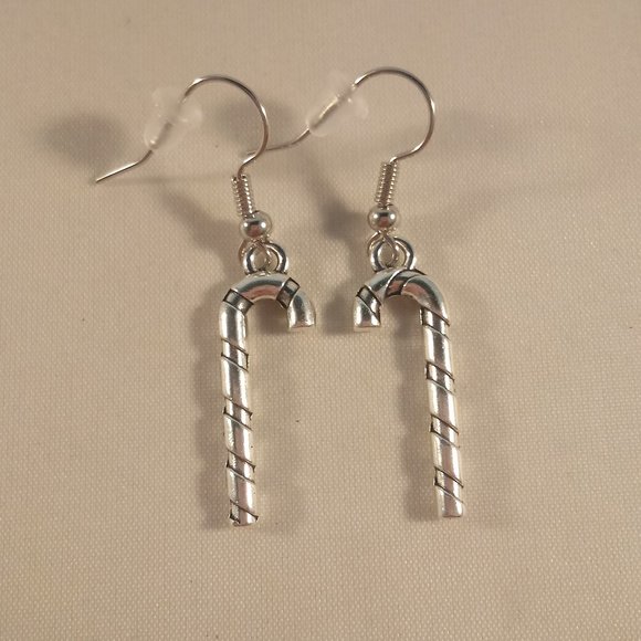 Silver Candy Cane Dangle Earrings 3D Women's Party Gift - Picture 2 of 2